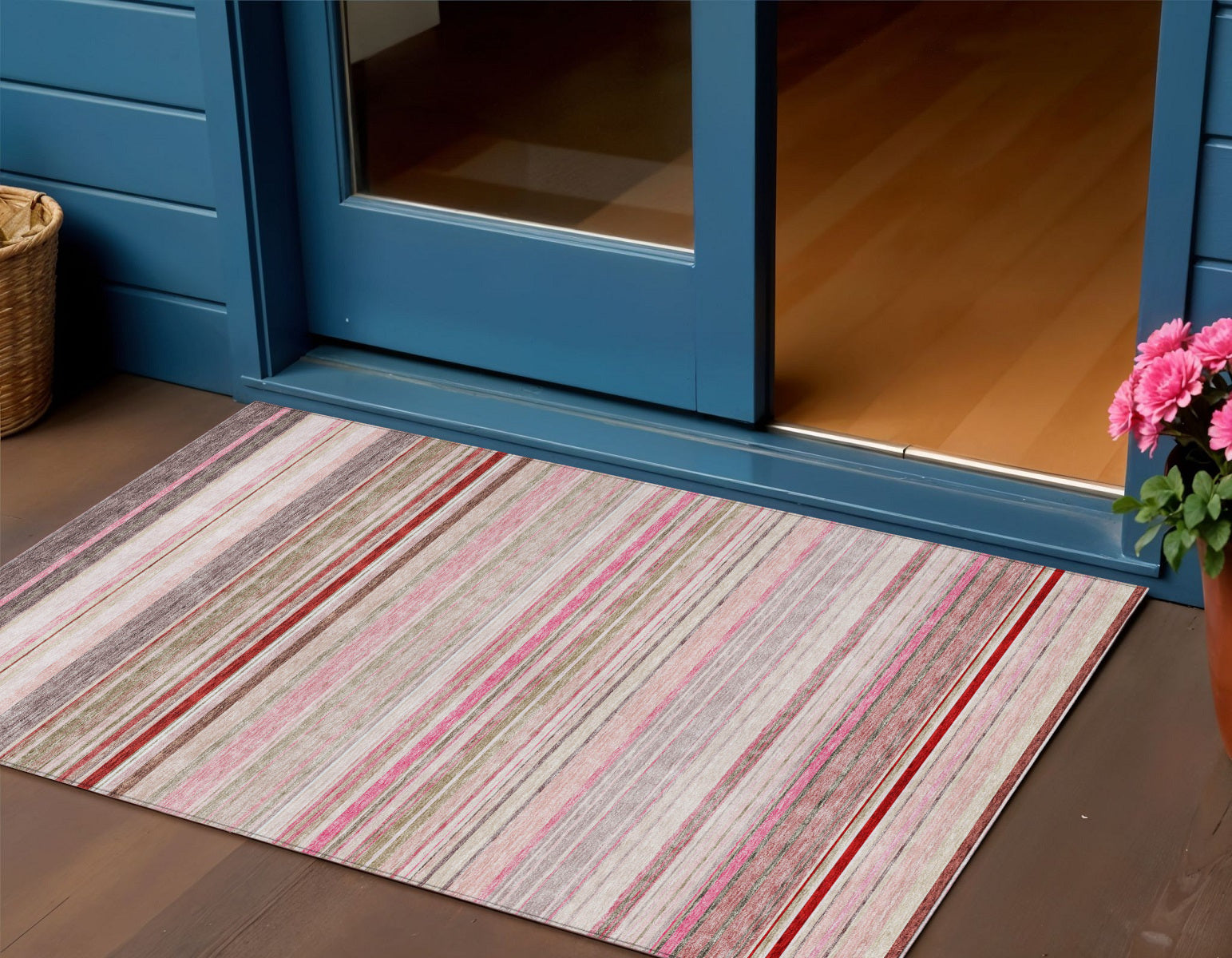 3 X 5 Pink Blush And Burgundy Striped Washable Indoor Outdoor Area Rug
