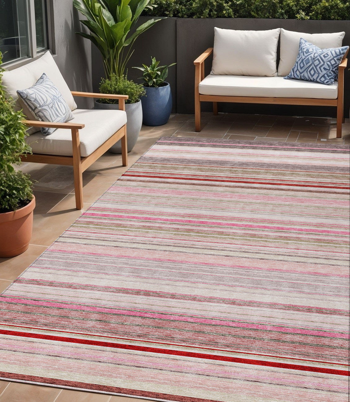 5 X 8 Pink Blush And Burgundy Striped Washable Indoor Outdoor Area Rug