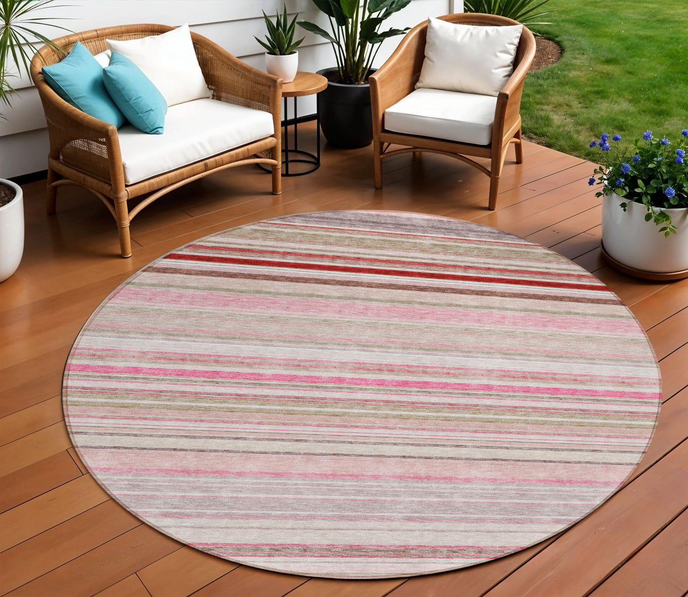 8 Pink Blush And Burgundy Round Striped Washable Indoor Outdoor Area Rug