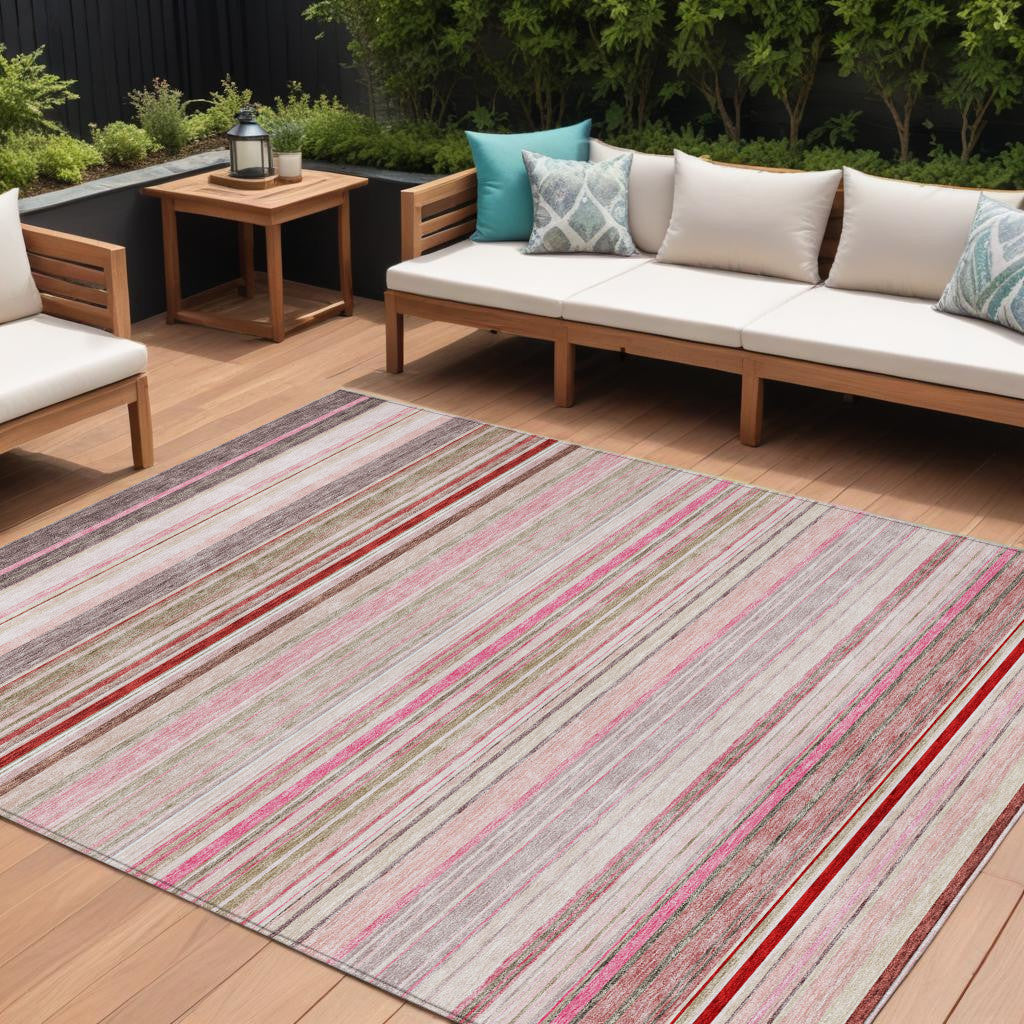 8 X 10 Pink Blush And Burgundy Striped Washable Indoor Outdoor Area Rug
