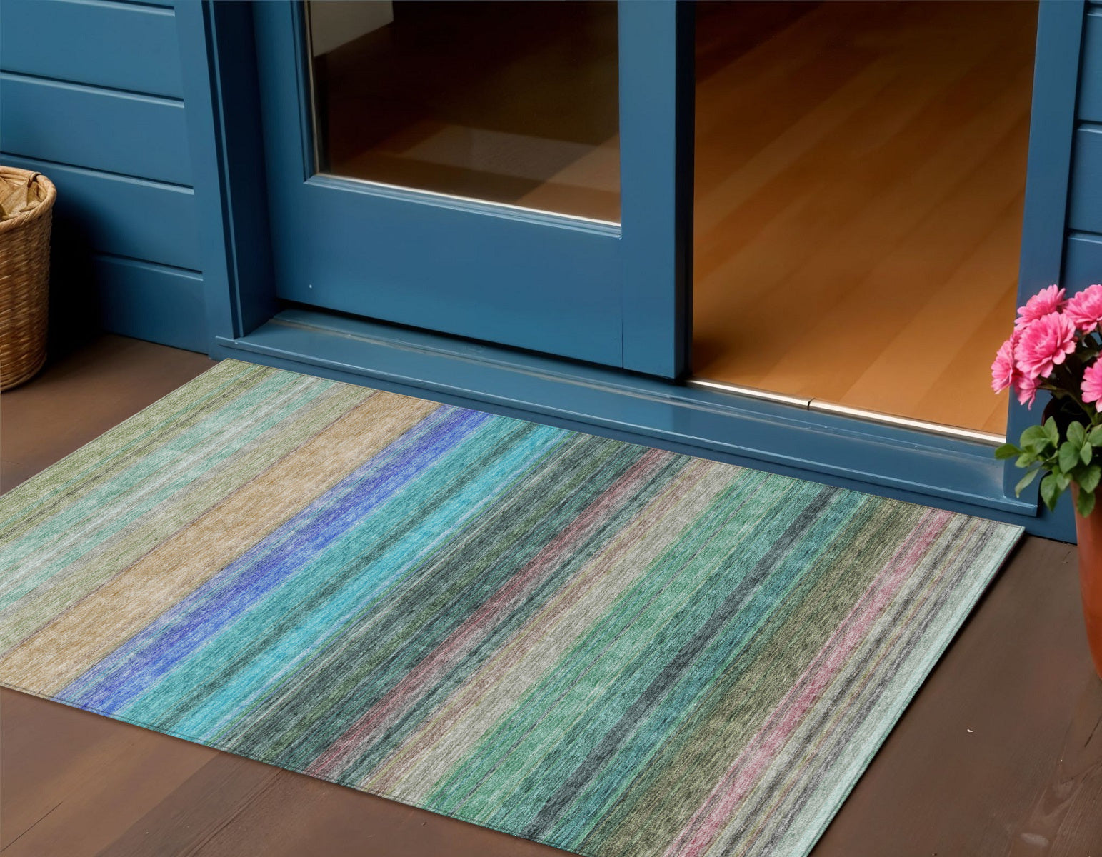 3 X 5 Sage Teal Blue And Tan Striped Washable Indoor Outdoor Area Rug