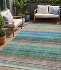 5 X 8 Sage Teal Blue And Tan Striped Washable Indoor Outdoor Area Rug