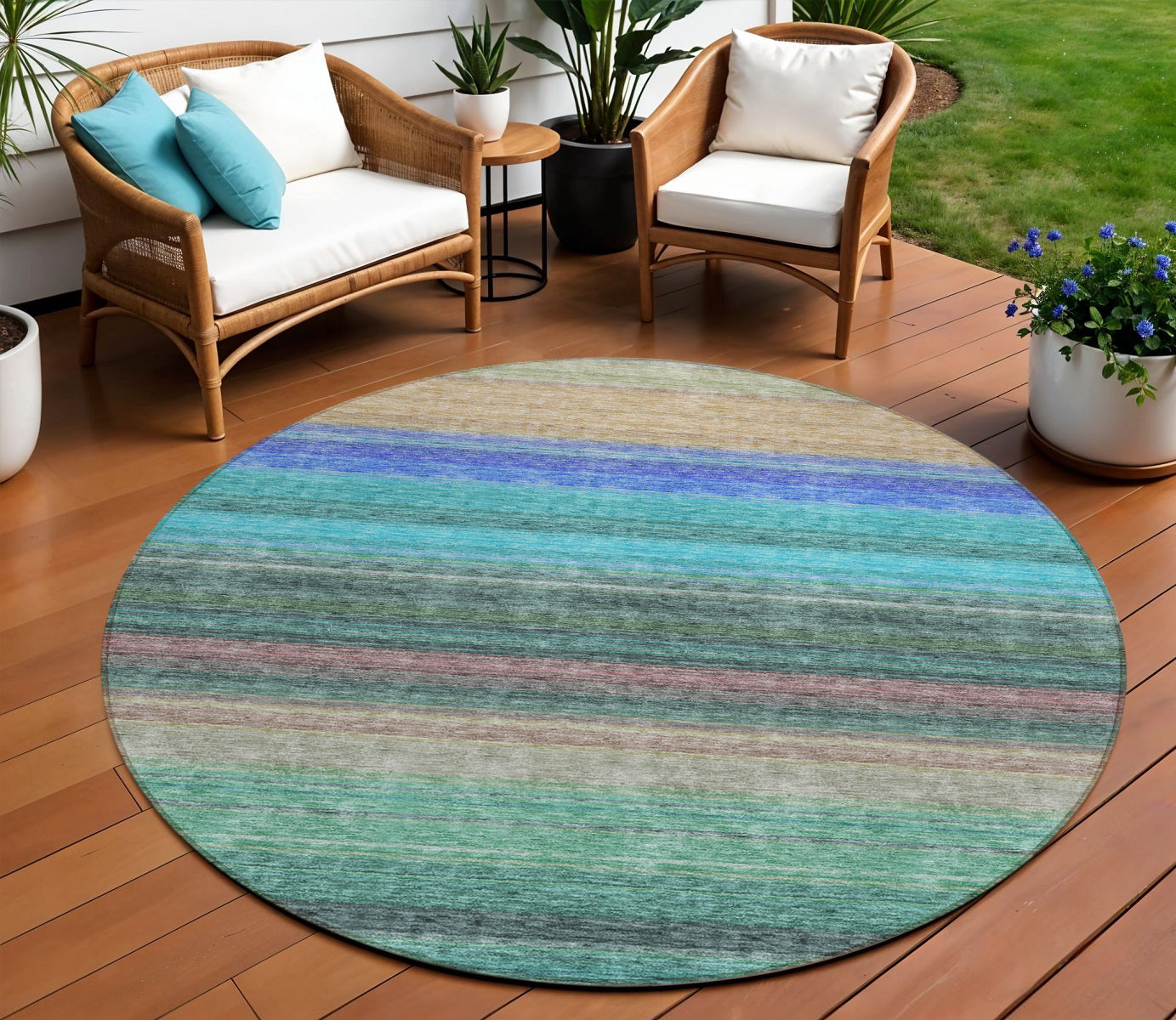 8 Sage Teal Blue And Tan Round Striped Washable Indoor Outdoor Area Rug