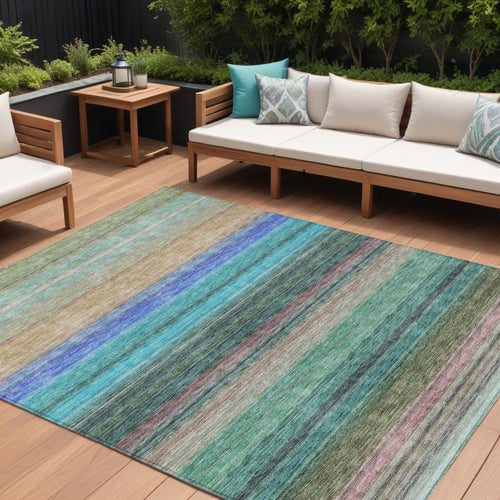 10 X 14 Sage Teal Blue And Tan Striped Washable Indoor Outdoor Area Rug