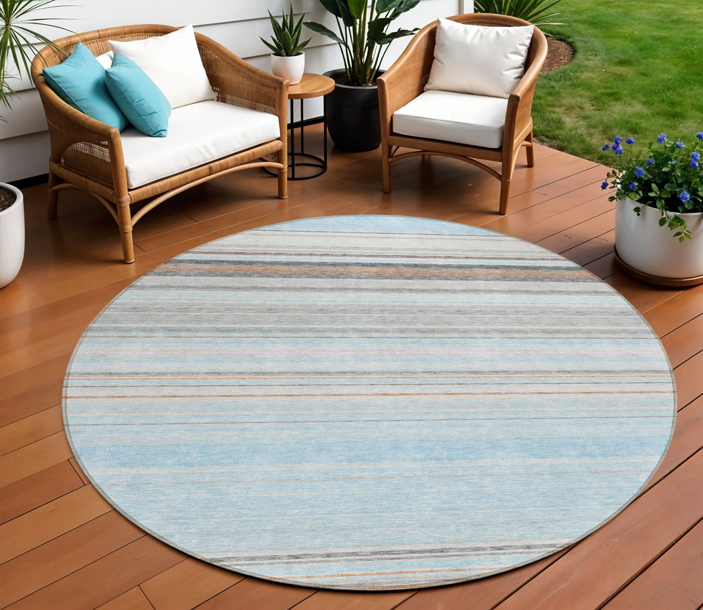 8 Sky Blue Gray And Beige Round Striped Washable Indoor Outdoor Area Rug