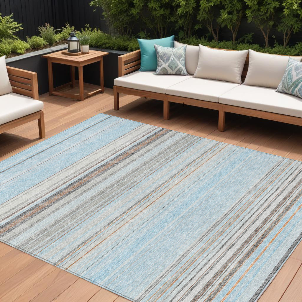9 X 12 Sky Blue Gray And Beige Striped Washable Indoor Outdoor Area Rug