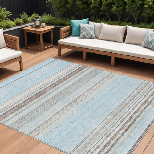 10 X 14 Sky Blue Gray And Beige Striped Washable Indoor Outdoor Area Rug