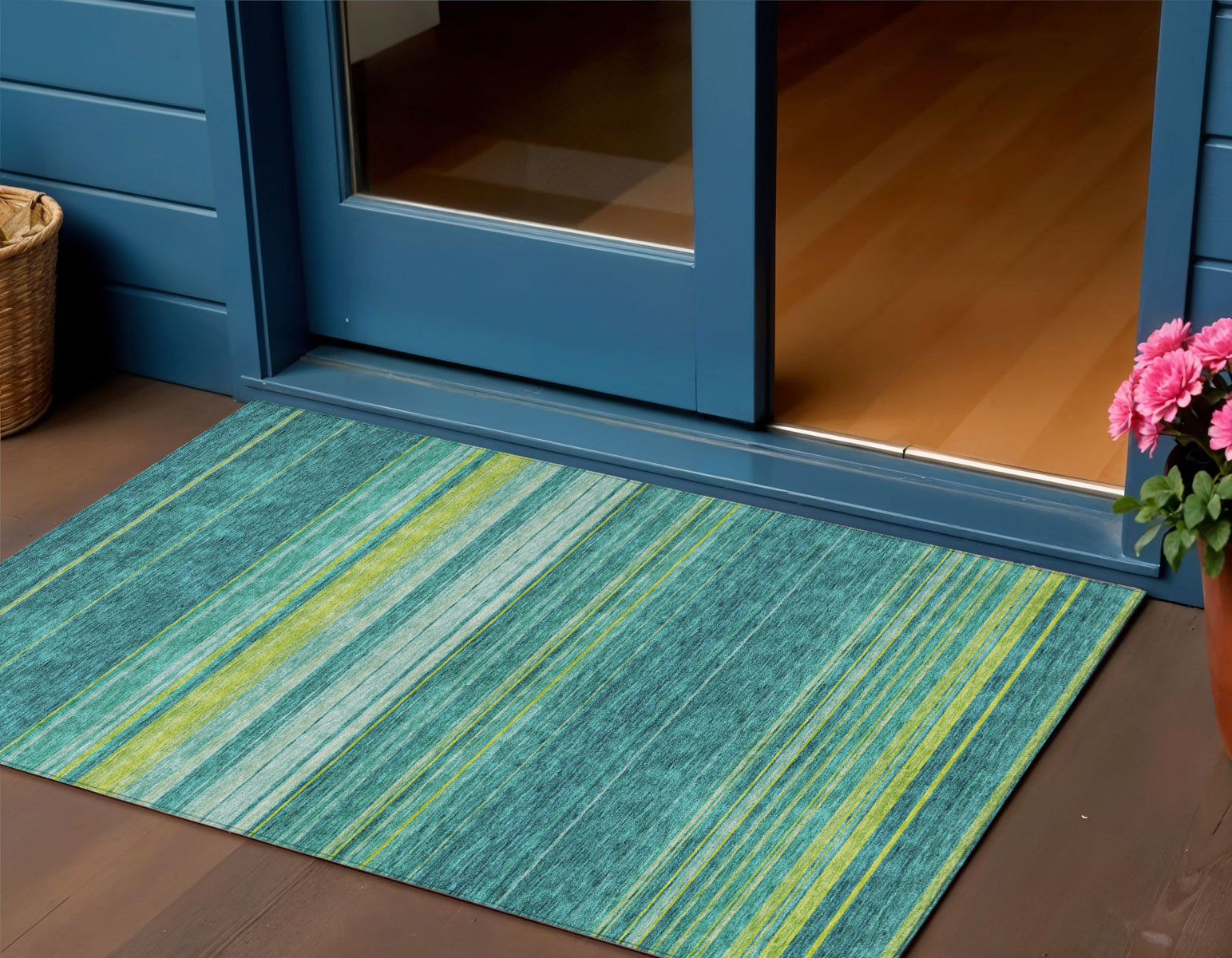 3 X 5 Teal Blue Lime Green And Turquoise Striped Washable Indoor Outdoor Area Rug