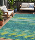 5 X 8 Teal Blue Lime Green And Turquoise Striped Washable Indoor Outdoor Area Rug