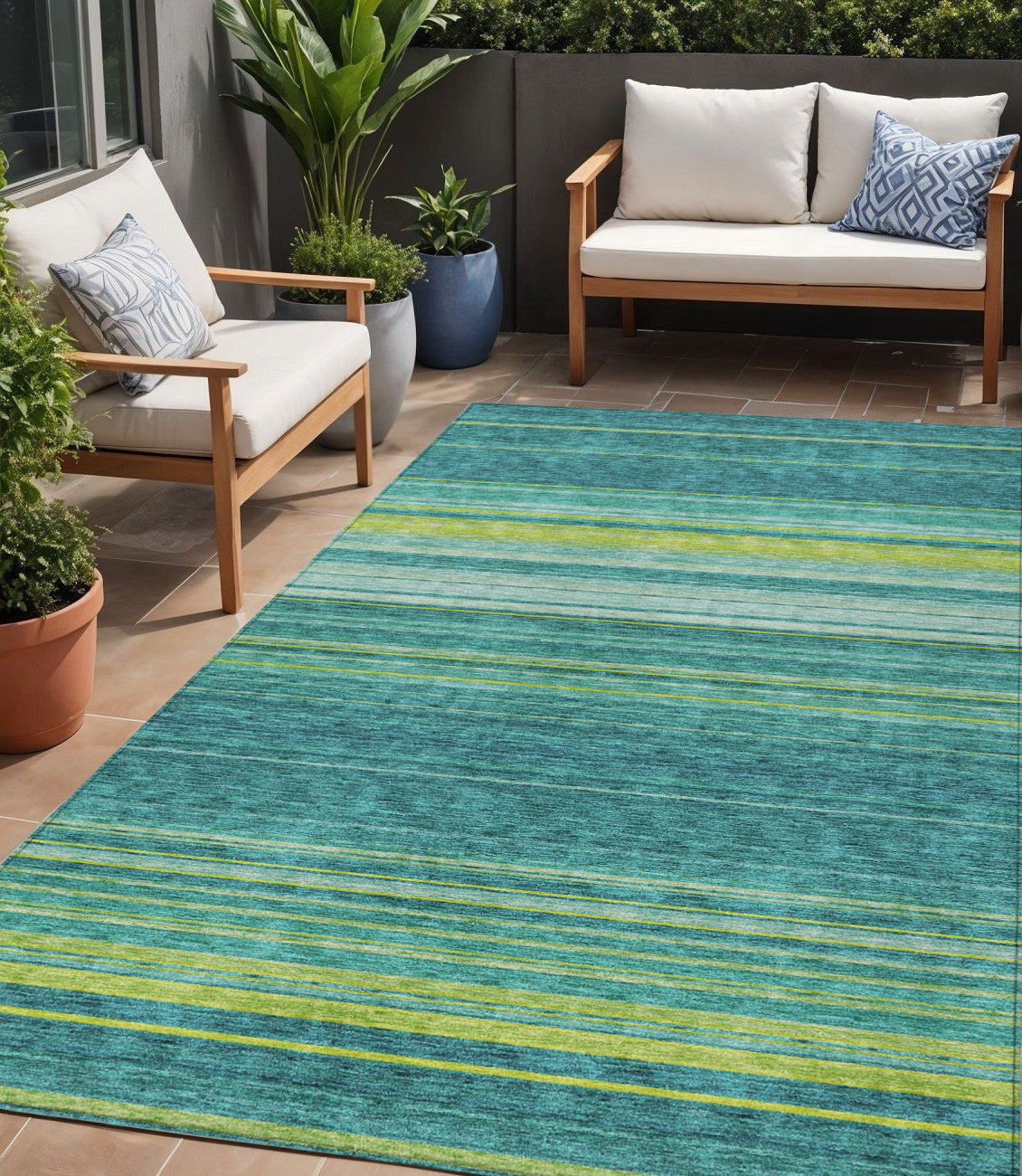 5 X 8 Teal Blue Lime Green And Turquoise Striped Washable Indoor Outdoor Area Rug