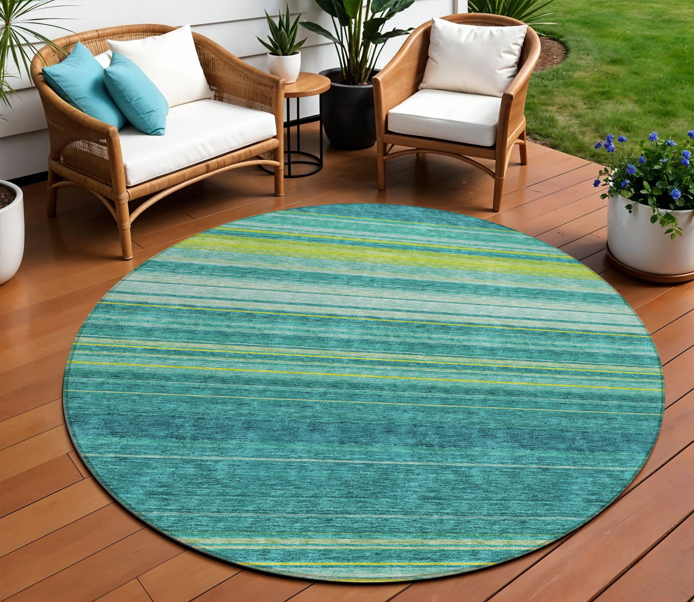 8 Teal Blue Lime Green And Turquoise Round Striped Washable Indoor Outdoor Area Rug