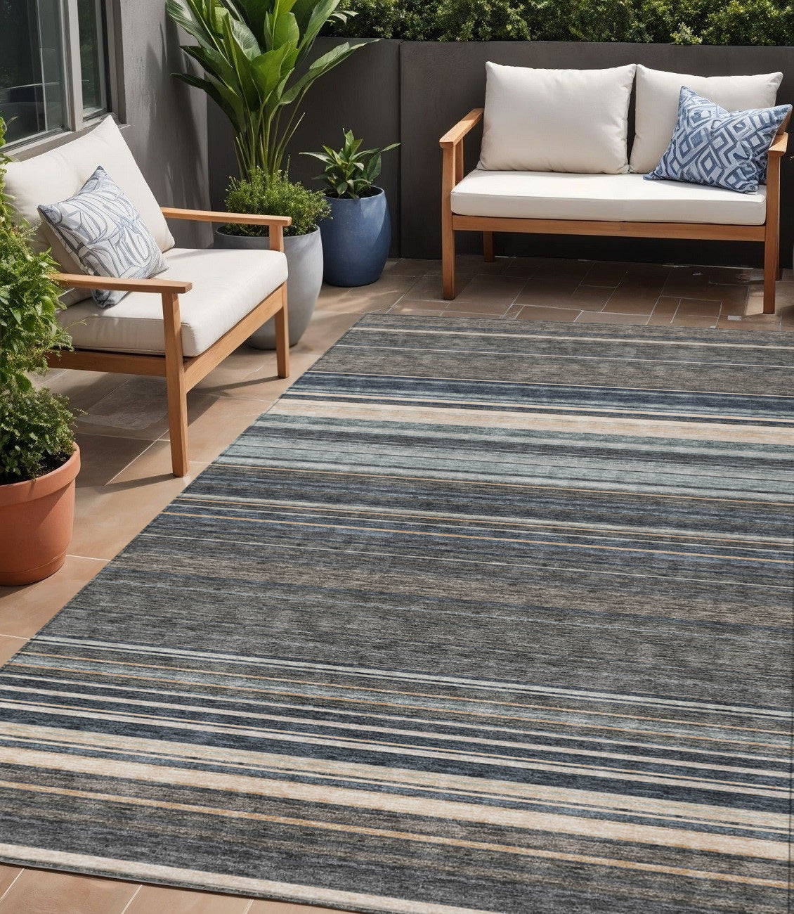5 X 8 Taupe Beige And Pewter Striped Washable Indoor Outdoor Area Rug