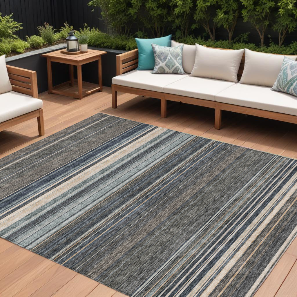 8 X 10 Taupe Beige And Pewter Striped Washable Indoor Outdoor Area Rug