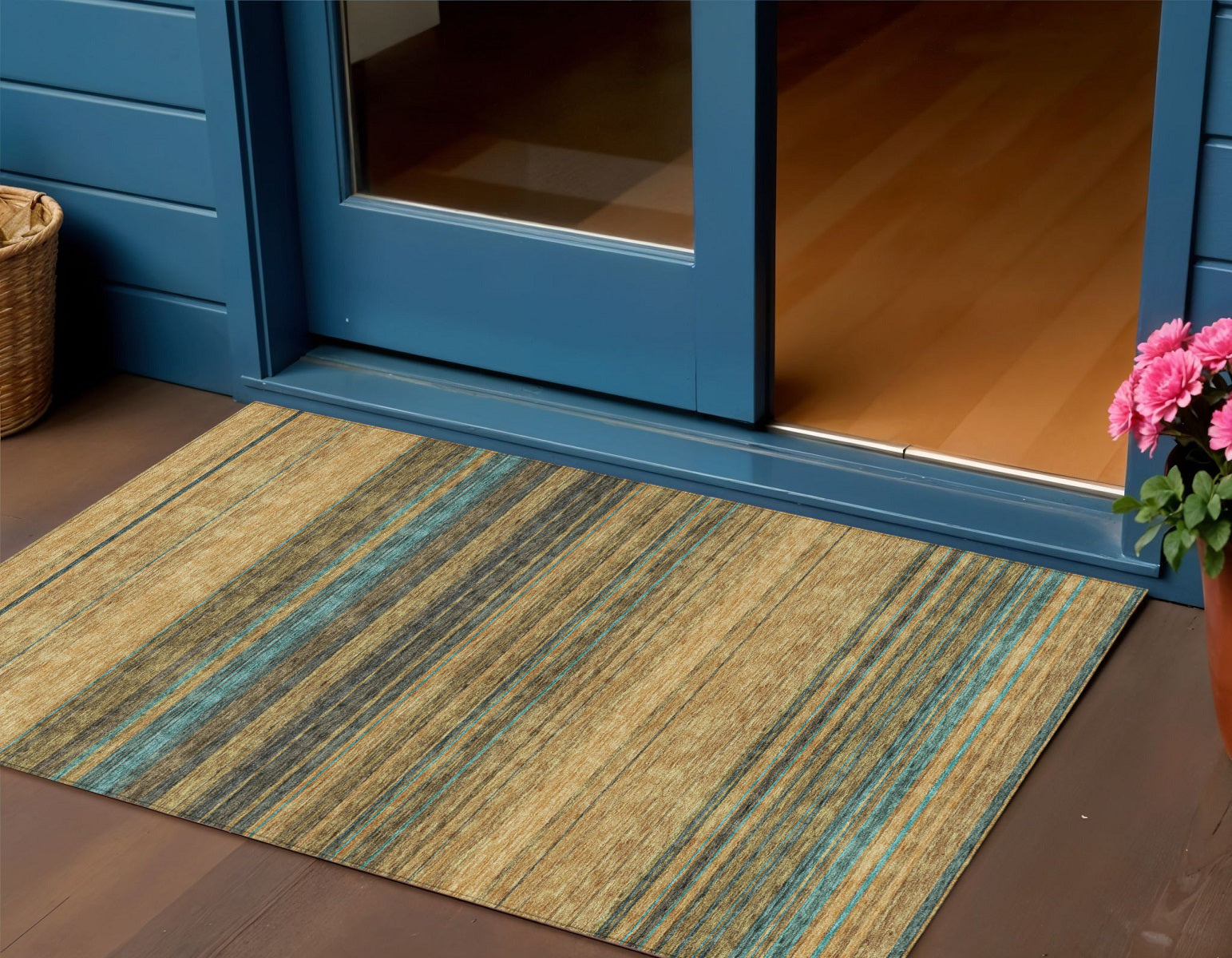 3 X 5 Wheat Brown And Teal Blue Striped Washable Indoor Outdoor Area Rug