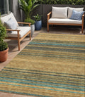 5 X 8 Wheat Brown And Teal Blue Striped Washable Indoor Outdoor Area Rug