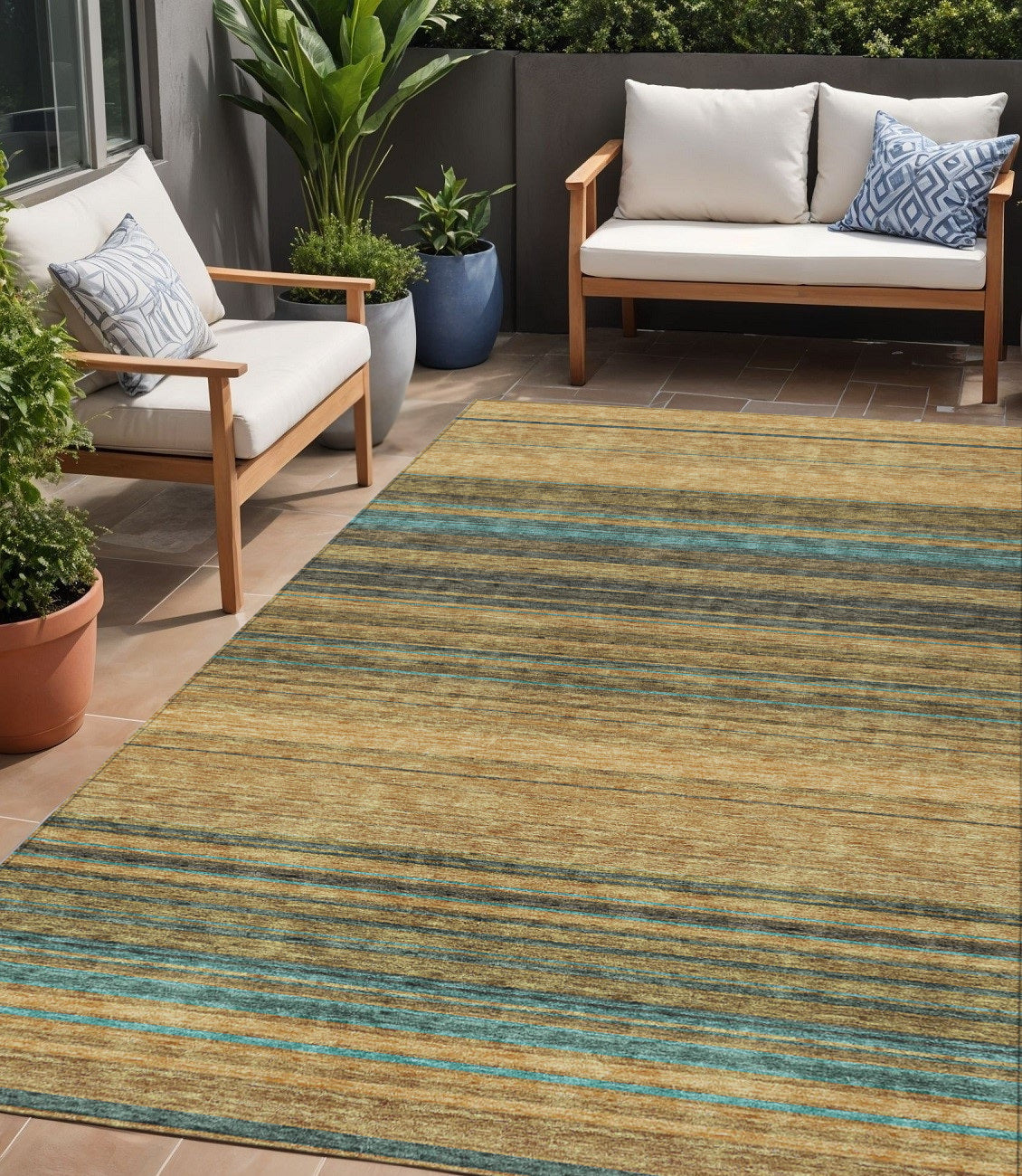 5 X 8 Wheat Brown And Teal Blue Striped Washable Indoor Outdoor Area Rug