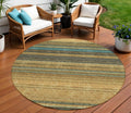 8 Wheat Brown And Teal Blue Round Striped Washable Indoor Outdoor Area Rug