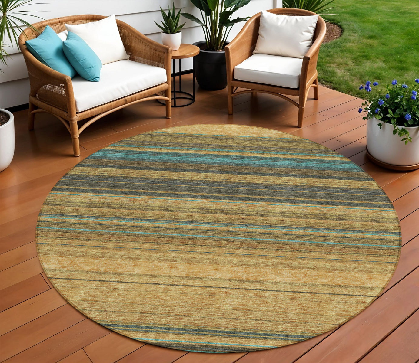 8 Wheat Brown And Teal Blue Round Striped Washable Indoor Outdoor Area Rug