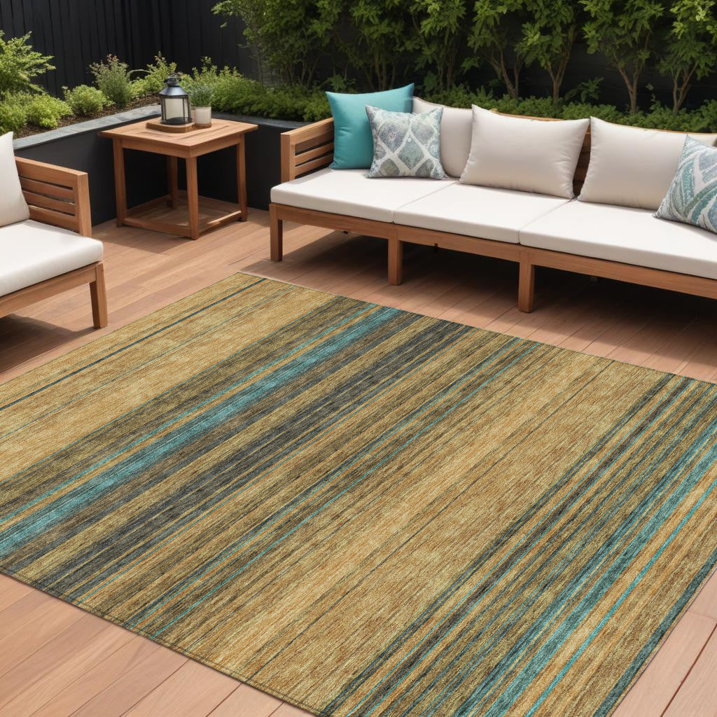8 X 10 Wheat Brown And Teal Blue Striped Washable Indoor Outdoor Area Rug