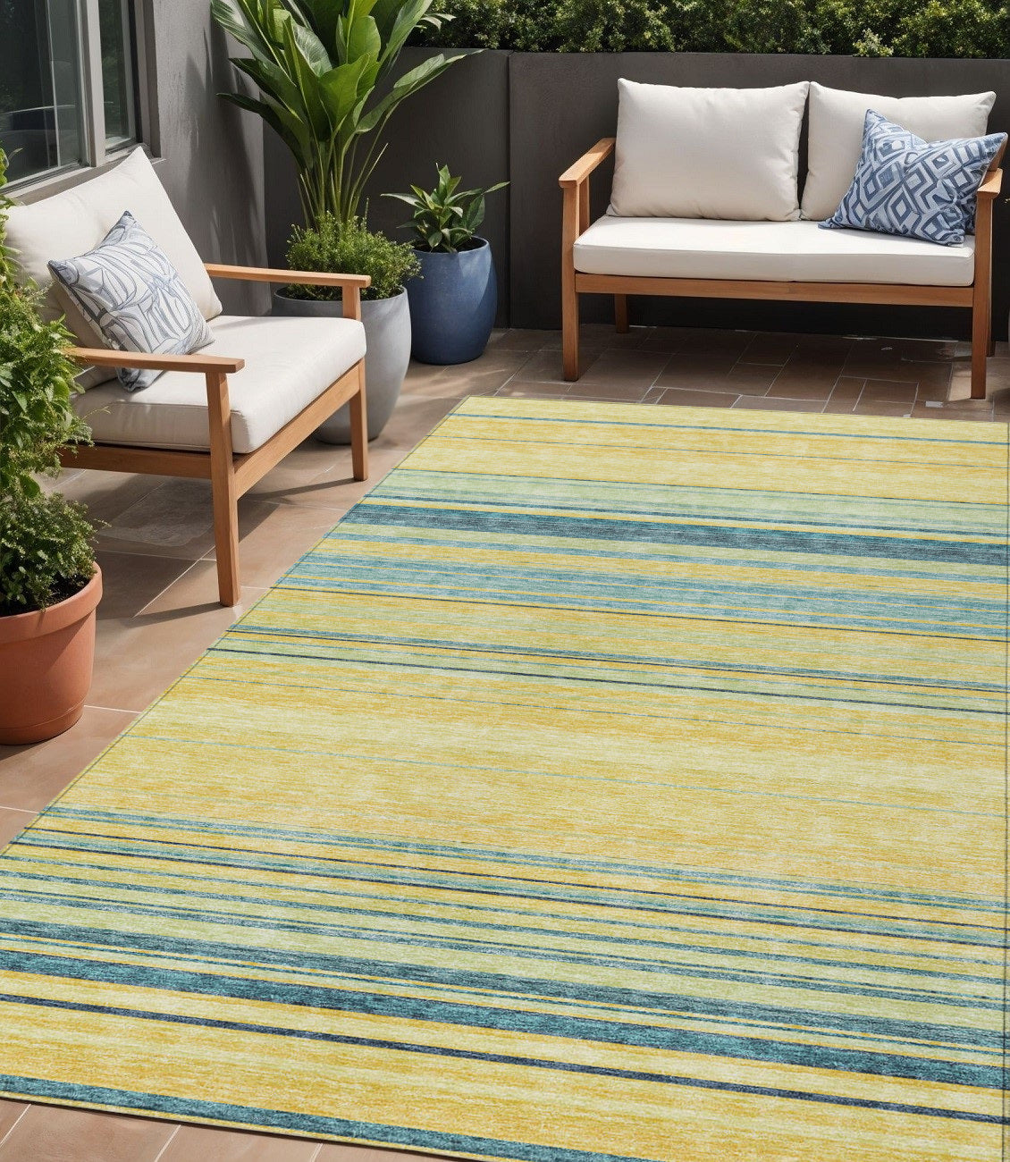 5 X 8 Yellow Denim Blue And Sky Blue Striped Washable Indoor Outdoor Area Rug