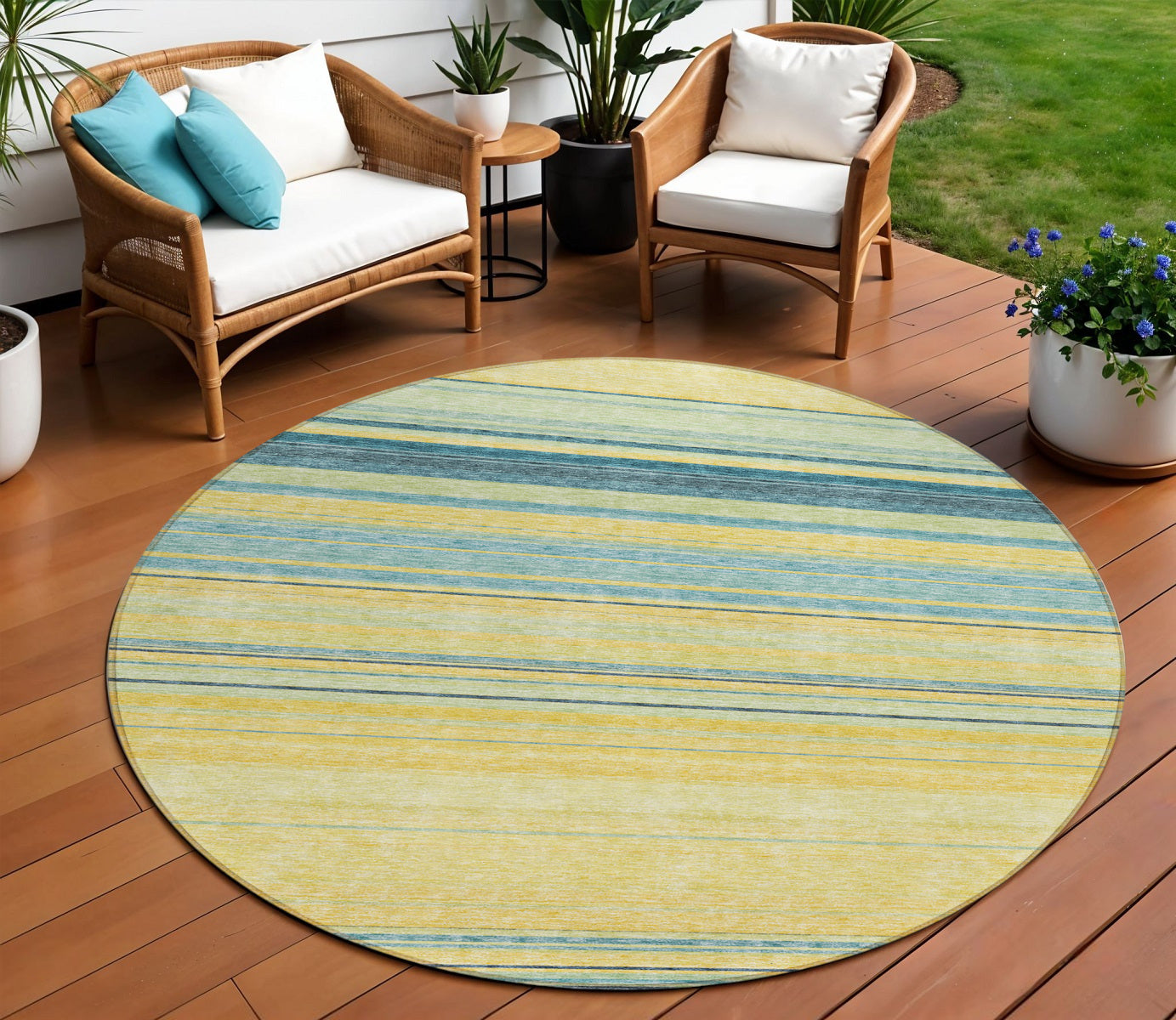 8 Yellow Denim Blue And Sky Blue Round Striped Washable Indoor Outdoor Area Rug
