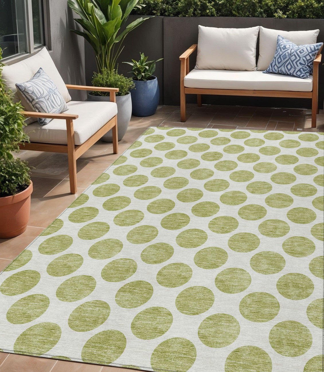 5 X 8 Sage And Ivory Polka Dot Washable Indoor Outdoor Area Rug