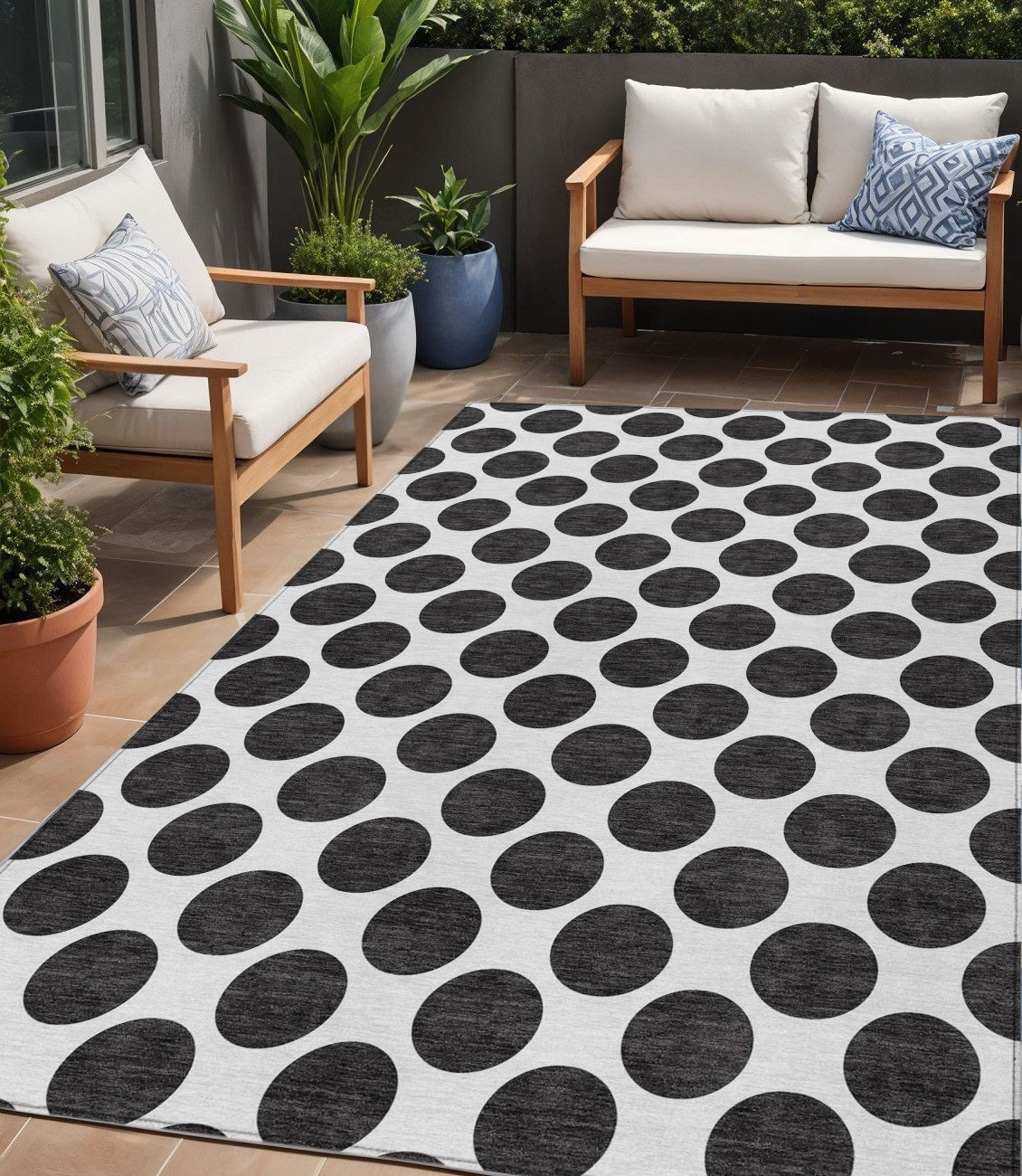 5 X 8 Black And Ivory Polka Dot Washable Indoor Outdoor Area Rug