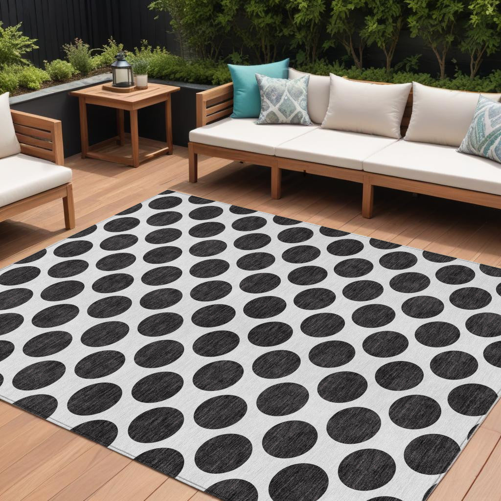 9 X 12 Black And Ivory Polka Dot Washable Indoor Outdoor Area Rug
