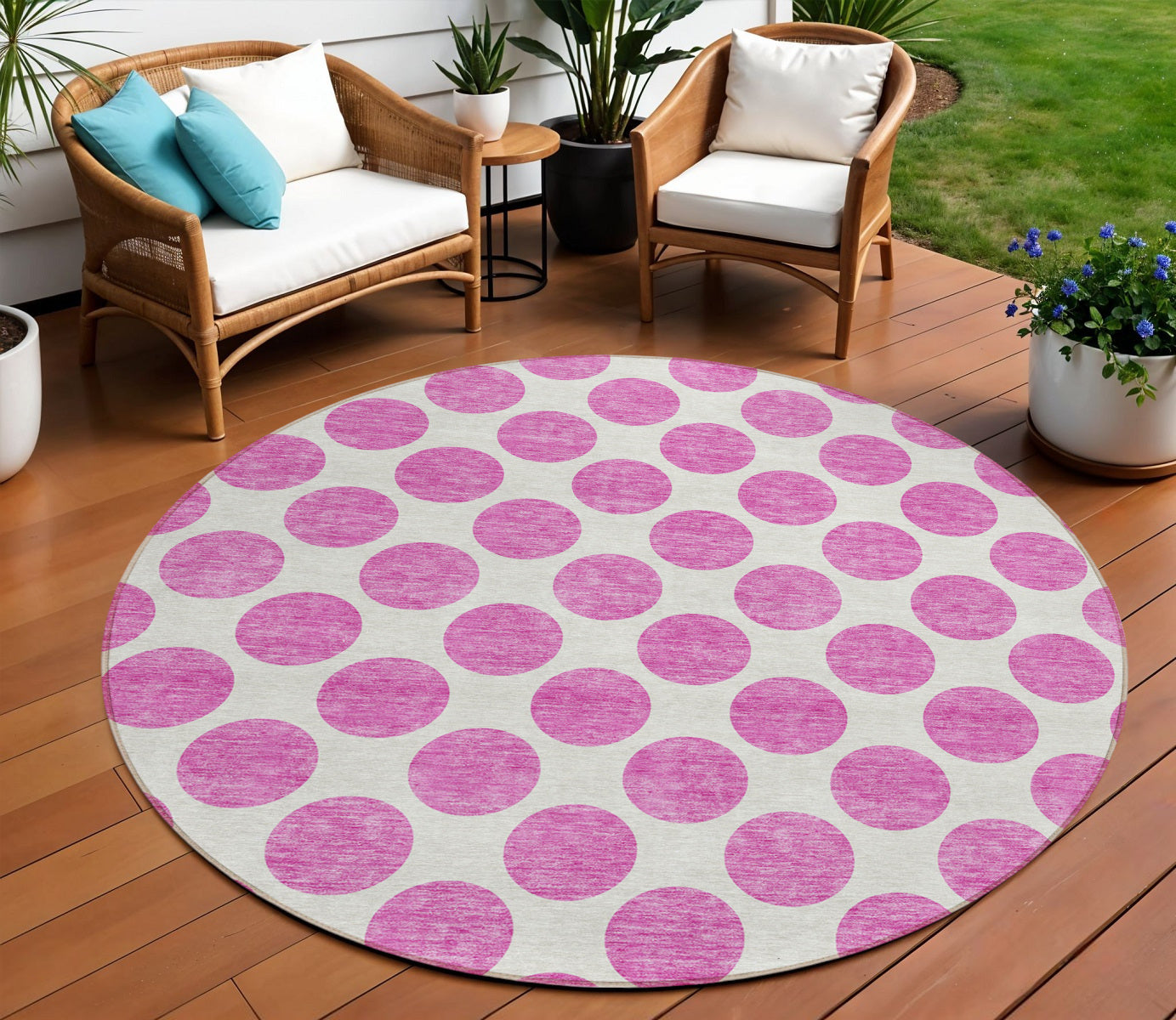 8 Blush And Ivory Round Polka Dot Washable Indoor Outdoor Area Rug
