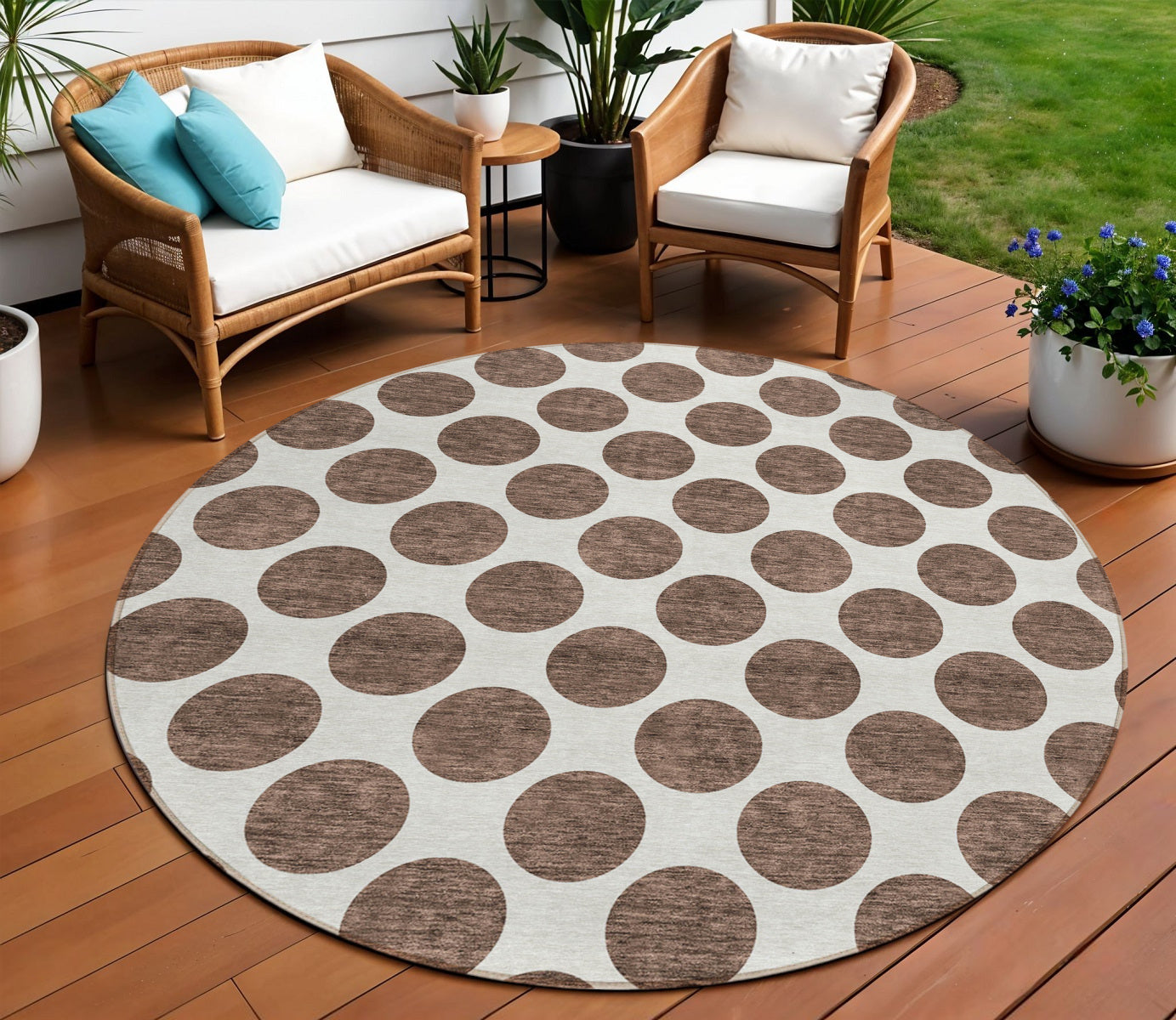 8 Brown And Ivory Round Polka Dot Washable Indoor Outdoor Area Rug