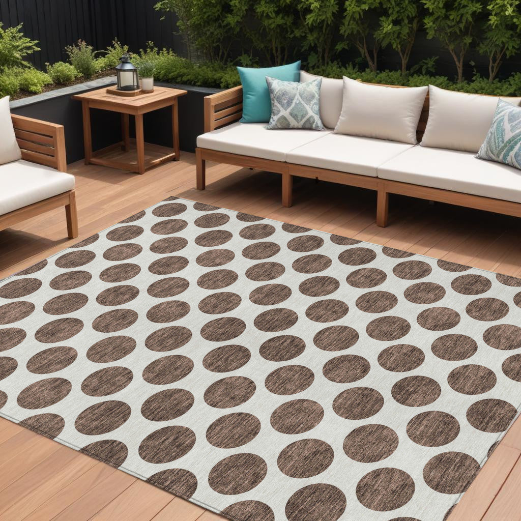 10 X 14 Brown And Ivory Polka Dot Washable Indoor Outdoor Area Rug