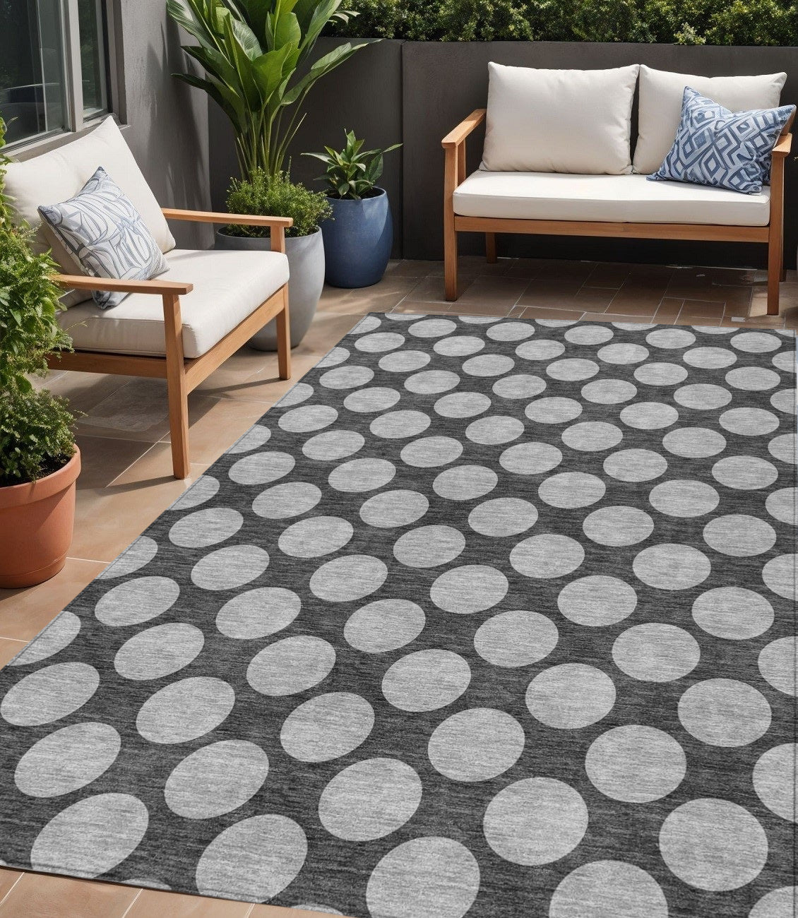 5 X 8 Charcoal And Ivory Polka Dot Washable Indoor Outdoor Area Rug