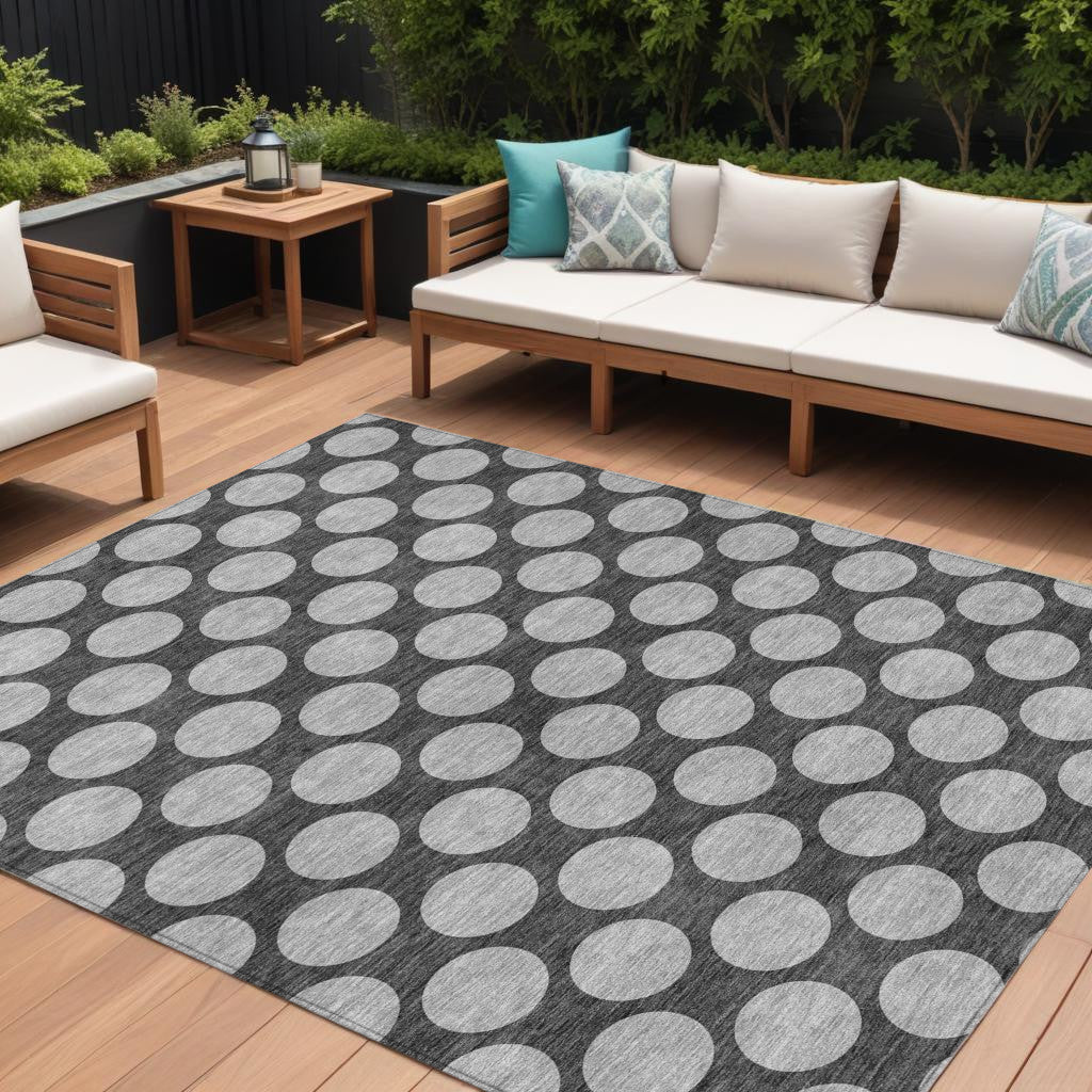 9 X 12 Charcoal And Ivory Polka Dot Washable Indoor Outdoor Area Rug