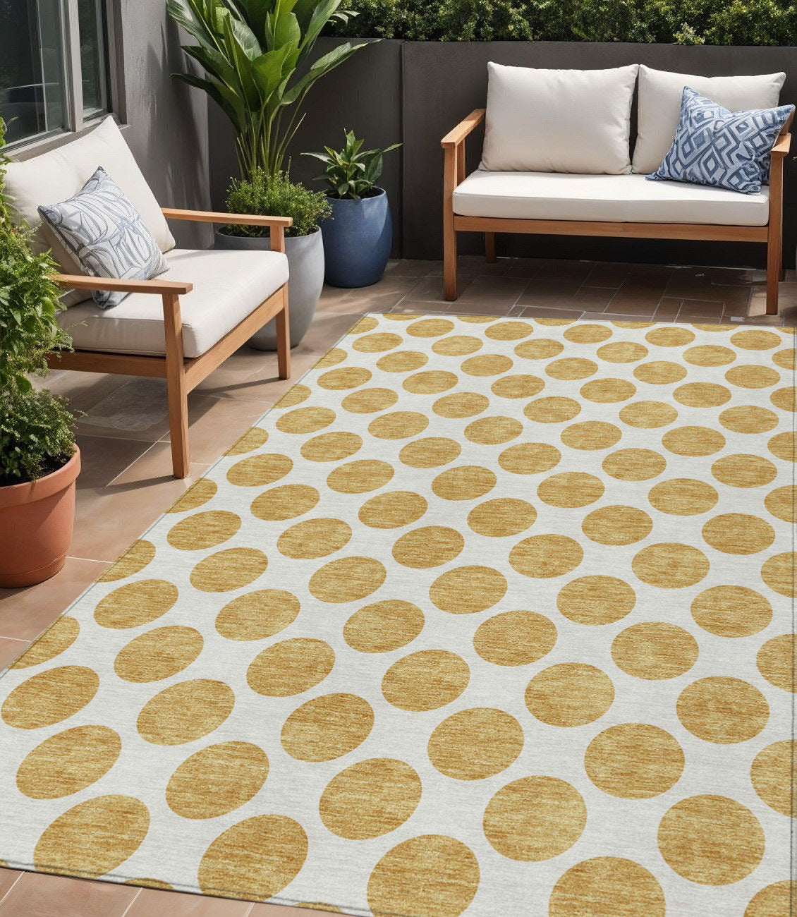 5 X 8 Gold And Ivory Polka Dot Washable Indoor Outdoor Area Rug
