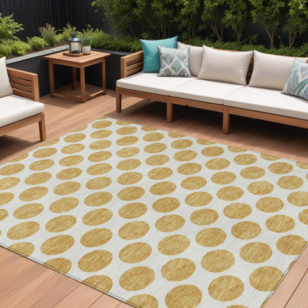 10 X 14 Gold And Ivory Polka Dot Washable Indoor Outdoor Area Rug