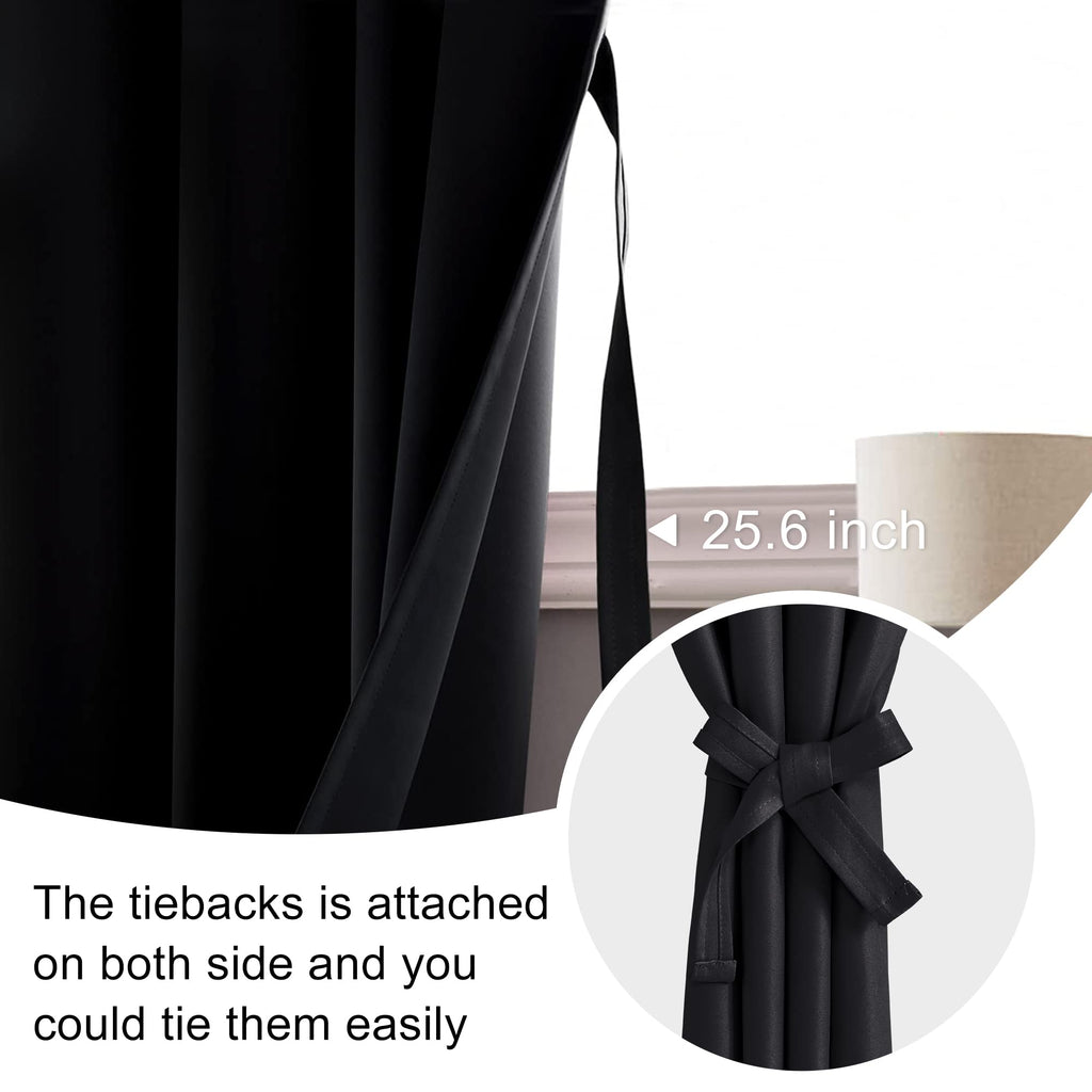 Jiuzhen Blackout Curtains For Bedroom?Thermal Insulated,Noise Reducing Room Darkening Rod Pocket Curtains For Living Room, Set Of 2 Panels With Tiebacks, 42 X 63 Inch Long, Black