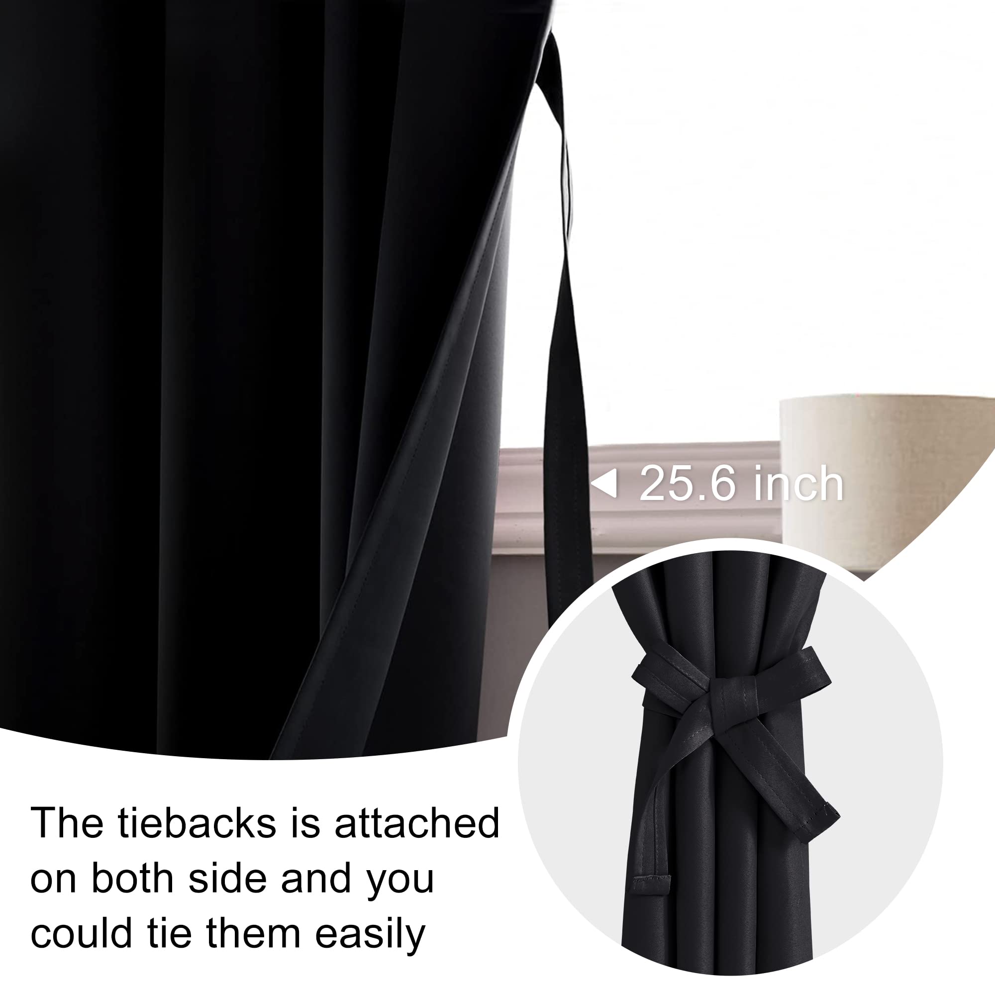 Jiuzhen Blackout Curtains For Bedroom - Thermal Insulated Room Darkening Noise Reducing, 52 X 54 Inch Length Curtains For Living Room, Set Of 2 Panels With Tiebacks, Black