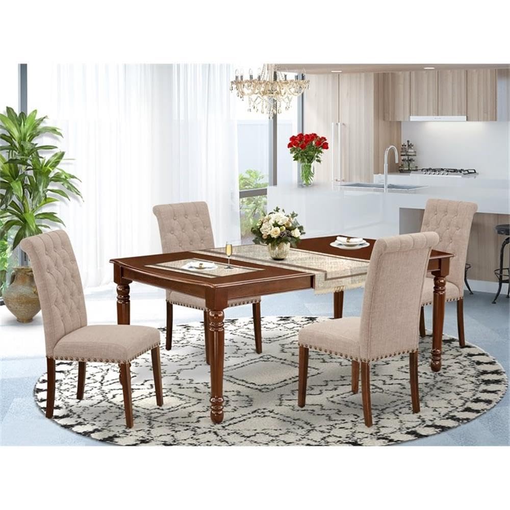East West Furniture Dobr5-Mah-04 5 Piece Kitchen Table Set Includes A Rectangle Dining Room Table With Butterfly Leaf And 4 Light Tan Linen Fabric Parsons Chairs, 42X78 Inch, Mahogany