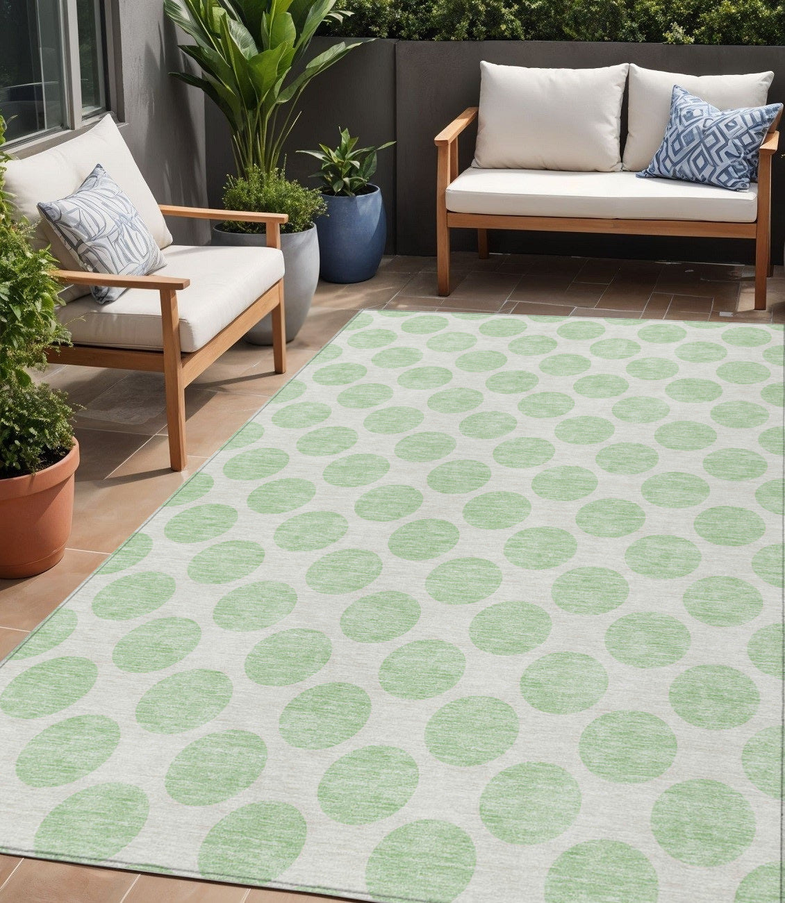5 X 8 Mint Green And Ivory Polka Dot Washable Indoor Outdoor Area Rug