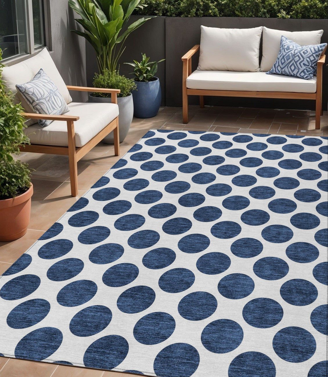 5 X 8 Navy Blue And Ivory Polka Dot Washable Indoor Outdoor Area Rug