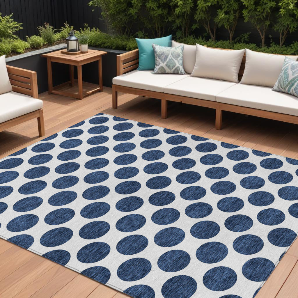 8 X 10 Navy Blue And Ivory Polka Dot Washable Indoor Outdoor Area Rug