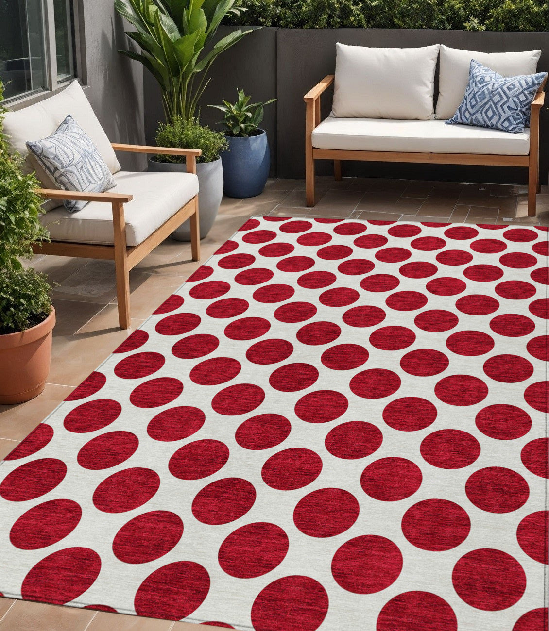 5 X 8 Red And Ivory Polka Dot Washable Indoor Outdoor Area Rug