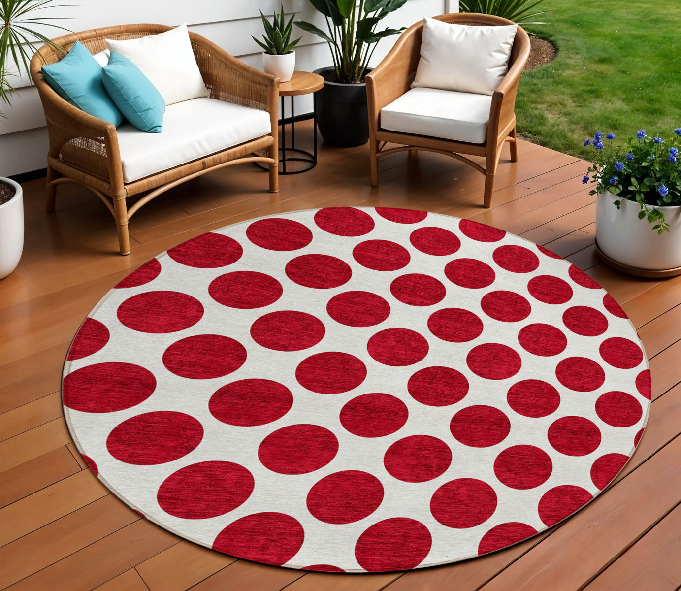 8 Red And Ivory Round Polka Dot Washable Indoor Outdoor Area Rug