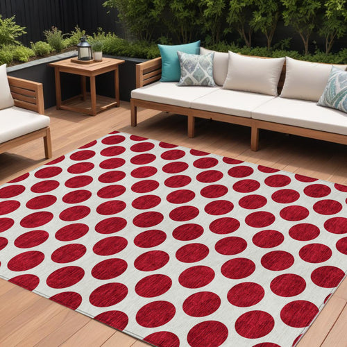 10 X 14 Red And Ivory Polka Dot Washable Indoor Outdoor Area Rug