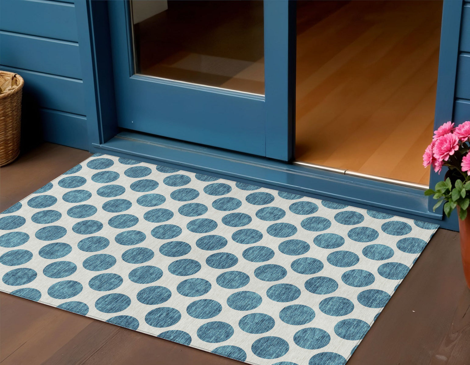 3 X 5 Teal Blue And Ivory Polka Dot Washable Indoor Outdoor Area Rug