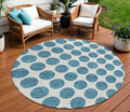 8 Teal Blue And Ivory Round Polka Dot Washable Indoor Outdoor Area Rug