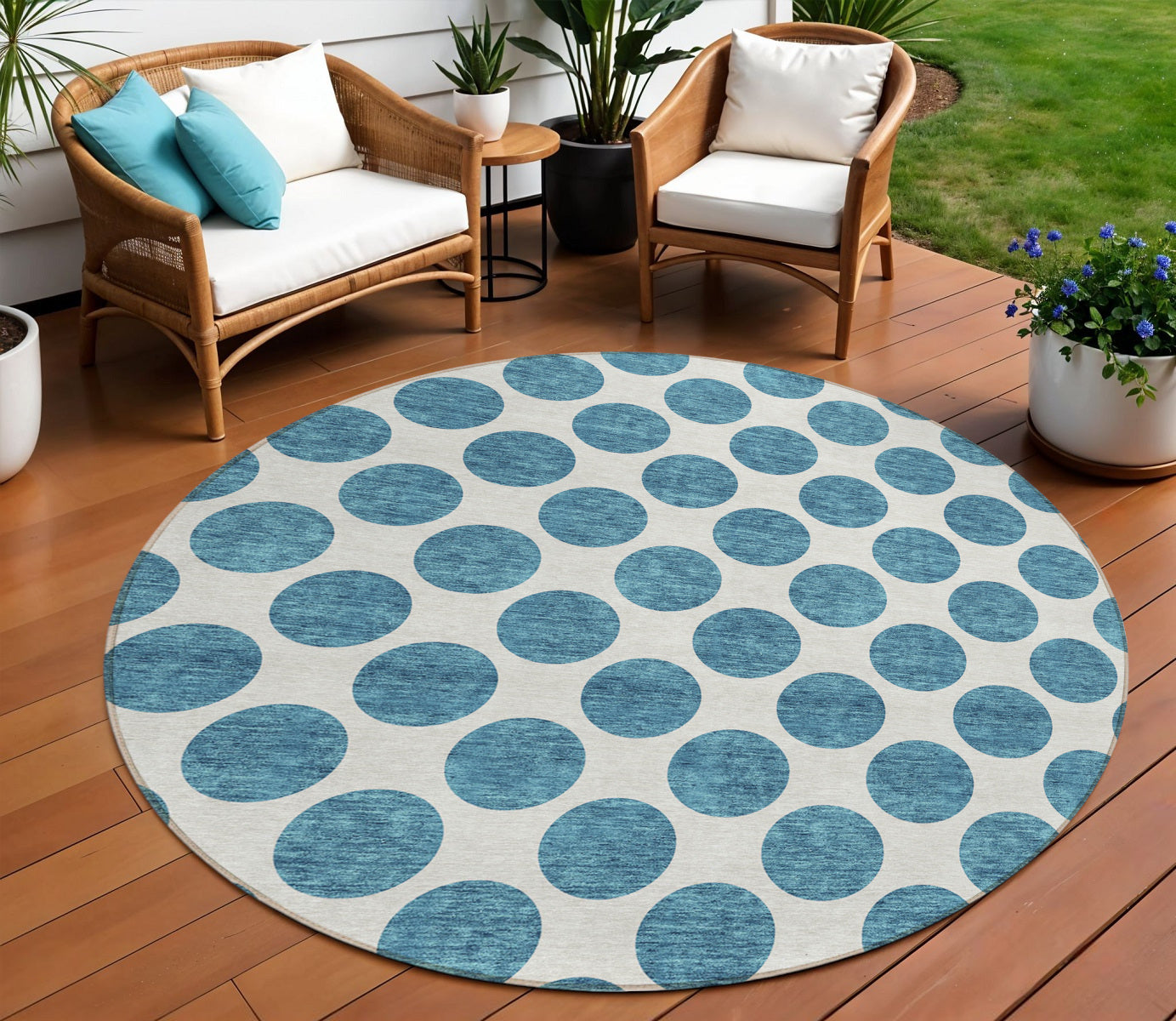 8 Teal Blue And Ivory Round Polka Dot Washable Indoor Outdoor Area Rug