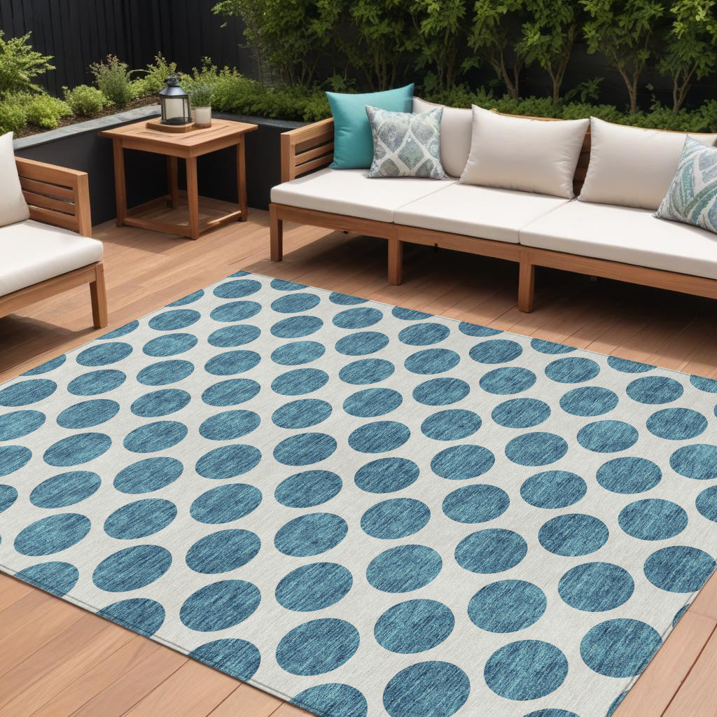 8 X 10 Teal Blue And Ivory Polka Dot Washable Indoor Outdoor Area Rug