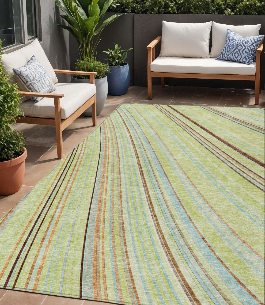5 X 8 Sage Brown And Sky Blue Striped Washable Indoor Outdoor Area Rug