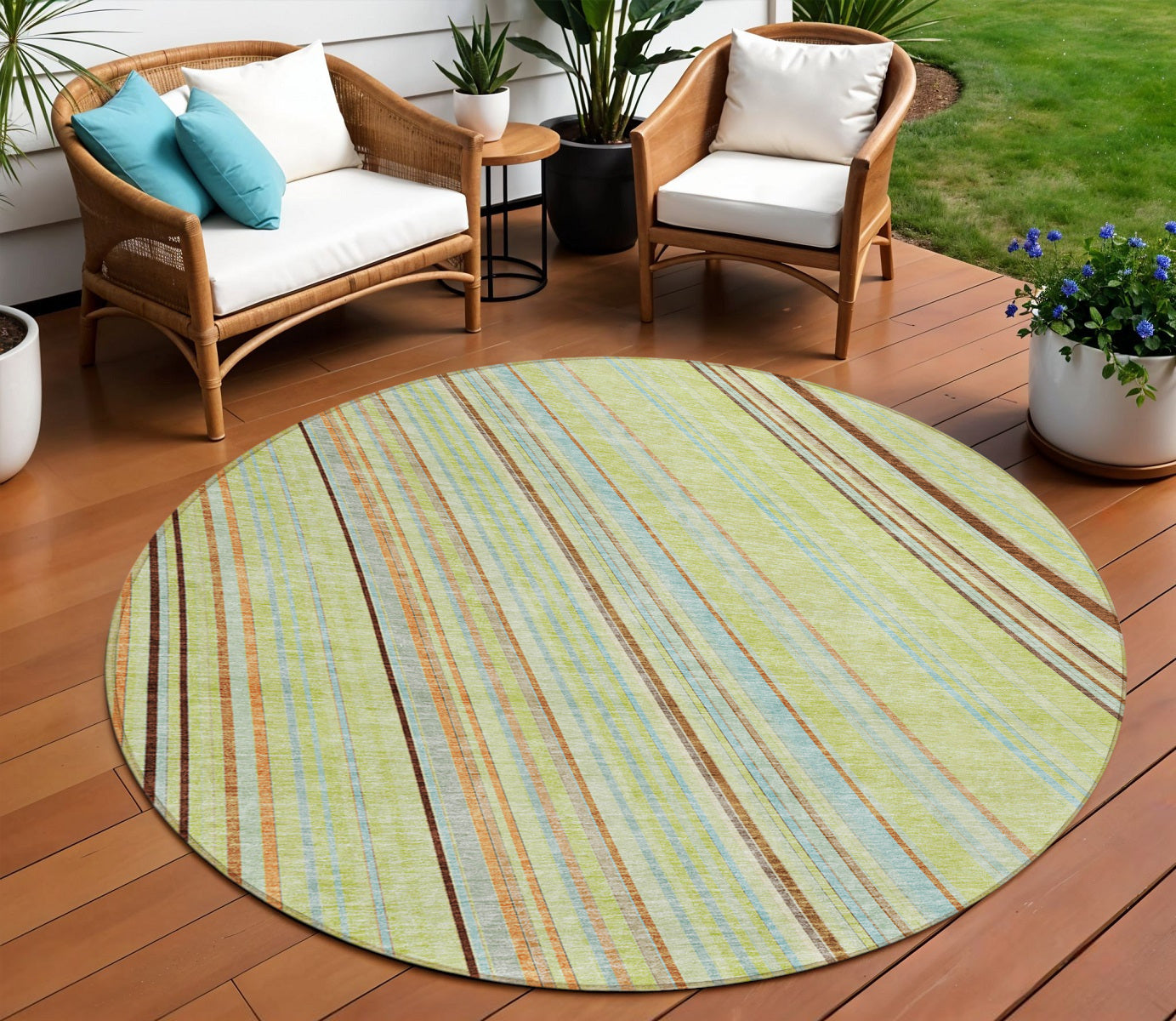 8 Sage Brown And Sky Blue Round Striped Washable Indoor Outdoor Area Rug